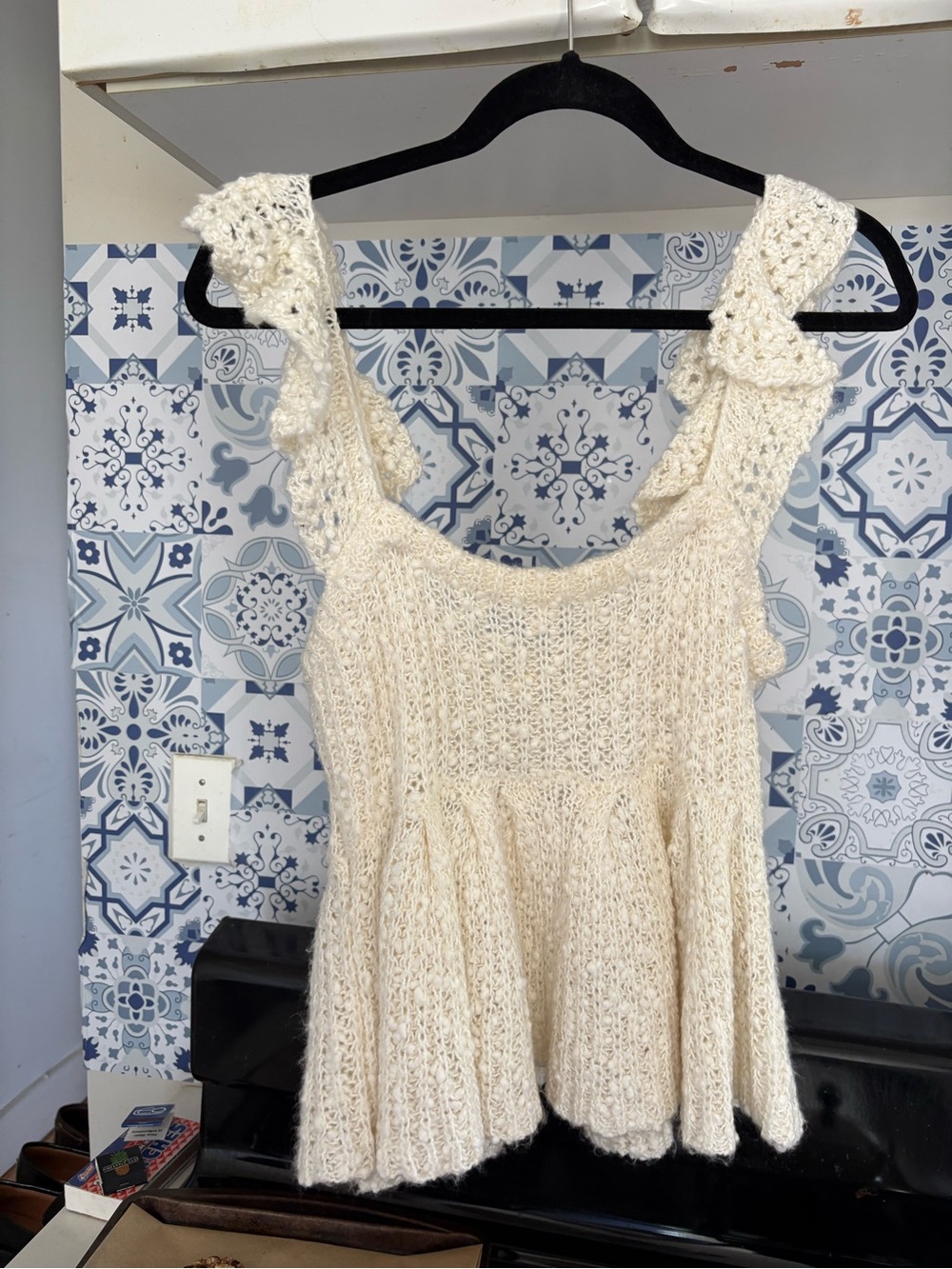Knit Cream Crochet Ruffle Strap Tank - Picture 3 of 3